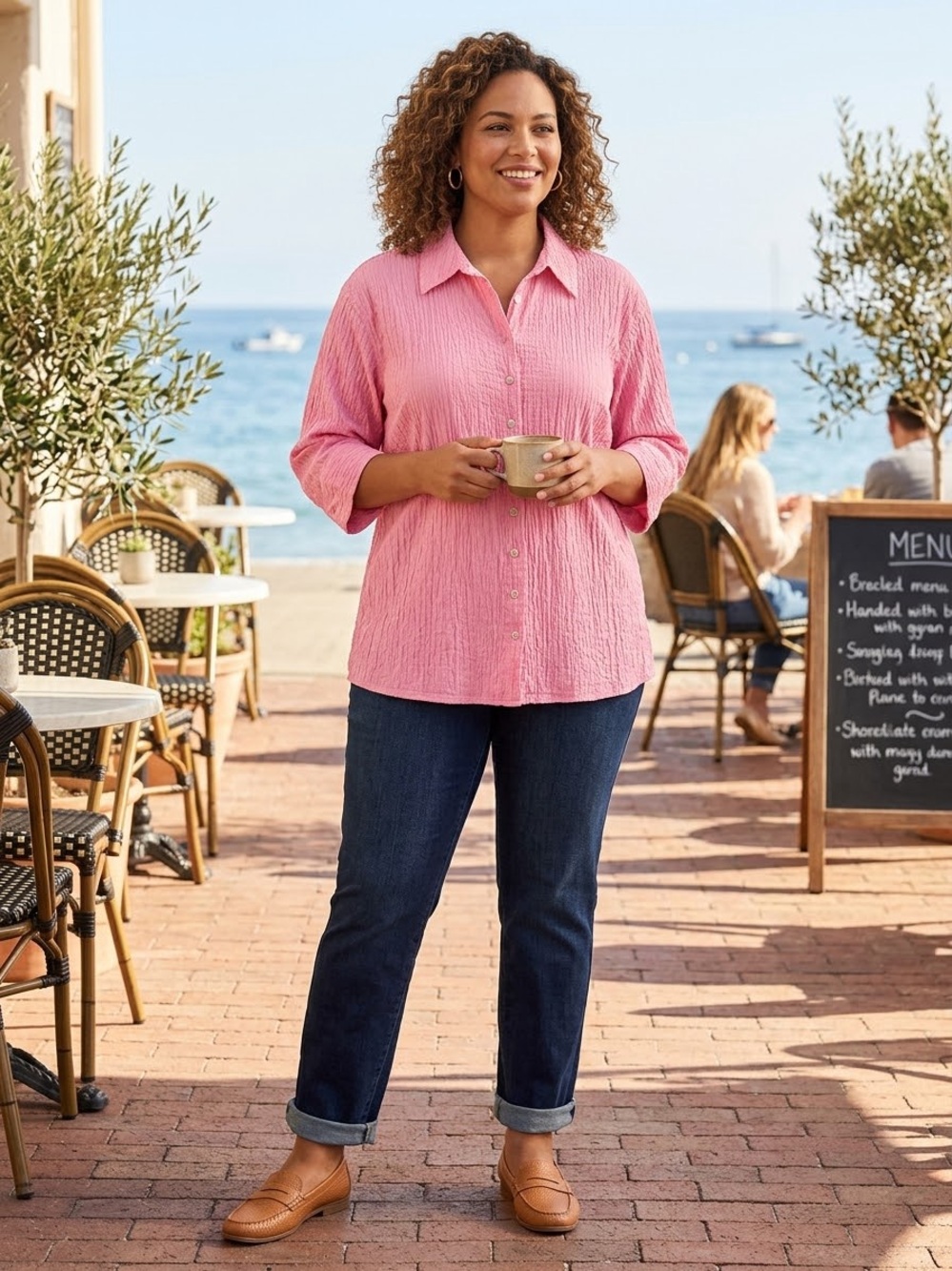 Denim & Co. Size 3X Pink Stretch Gauze 3/4 Sleeve Shirt